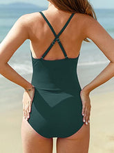 Load image into Gallery viewer, Summer Mae Maternity Swimsuit One Piece Bathing Suit Button Neck Cross Back Green S
