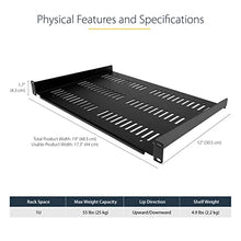 Load image into Gallery viewer, 1U Server Rack Shelf - Universal Vented Rack Mount Cantilever Tray for 19&quot; Network Equipment Rack &amp; Cabinet - Heavy Duty Steel – Weight Capacity 44lb/20kg - 12&quot; Deep Shelf, Black (SHELF-1U-12-FIXED-V)
