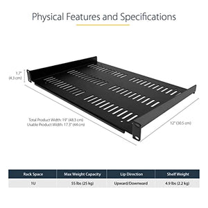 1U Server Rack Shelf - Universal Vented Rack Mount Cantilever Tray for 19" Network Equipment Rack & Cabinet - Heavy Duty Steel – Weight Capacity 44lb/20kg - 12" Deep Shelf, Black (SHELF-1U-12-FIXED-V)