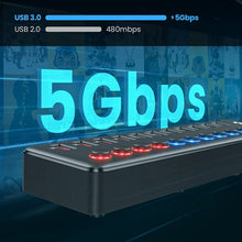 Load image into Gallery viewer, Powered USB 3.0 Hub, Wenter 11-Port USB Data Hub Splitter with 4 Smart Charging Ports and Individual LED On/Off Switches and 12V/3A Power Adapter USB Extension for Mac,Windows,Chrome &amp; Linux OS
