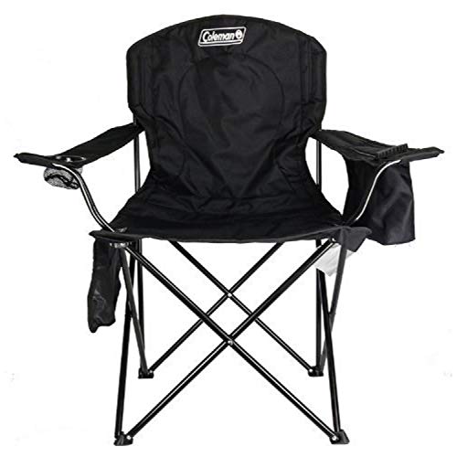 Coleman Camp Chair with 4-Can Cooler | Folding Beach Chair with Built In Drinks Cooler | Portable Quad Chair with Armrest Cooler for Tailgating, Camping & Outdoors , Black, Roomy seat: 24