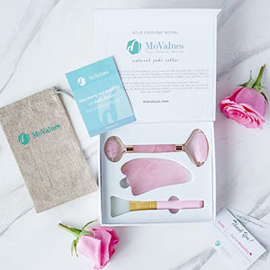 Original Jade Roller & Gua Sha Facial Tools, Jade Roller for Face - Face Roller, Natural Rose Quartz Roller - Face Massager, Facial Roller for Skin Care, Body, Eyes, Neck - Tones, Firms, Depuff