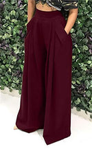 Load image into Gallery viewer, Women's Casual Pleated Long Pants Solid High Waisted Wide Leg Palazzo Long Pants with Pockets Plus Size Wine L

