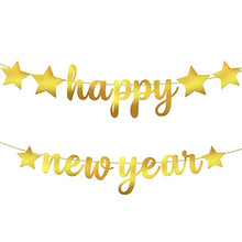 Load image into Gallery viewer, Shiny, Happy New Year Banner Gold - No DIY, 10 Feet | Foil Script New Years Eve Banner for New Years Eve Party Supplies 2023 | New Years Banner for Happy New Year Decorations 2023 | New Years Backdrop

