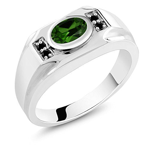 Gem Stone King 1.33 Ct Oval Green Chrome Diopside Black Diamond 925 Sterling Silver Men's Ring (Size 7)
