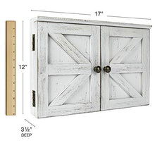 Load image into Gallery viewer, Wooden Rustic Magnetic Chalkboard: 12" x 17" Wall Mounted Entryway Cabinet Includes Cork Board and Erasable Chalk Board Organizer Display Shelf and Key Hooks (White)
