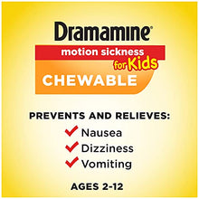 Load image into Gallery viewer, Dramamine Motion Sickness for Kids, Chewable, Dye Free, Grape Flavored, 8 Count

