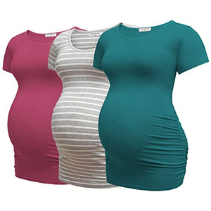 Bearsland Womens Maternity Tshirt 3 Packs Classic Side Ruched Tee Top Mama Pregnancy Clothes,Lakeblue+gyrstripe+Russetred,L