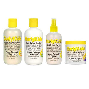 CurlyKids Mixed Hair HairCare Set Super Detangling Shampoo 8.0 Ounce, Conditioner 8.0 Ounce, Spray 6.0 Ounce, Curly Crème Conditioner 6.0 Ounce - 4-Pack