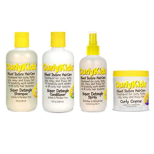 CurlyKids Mixed Hair HairCare Set Super Detangling Shampoo 8.0 Ounce, Conditioner 8.0 Ounce, Spray 6.0 Ounce, Curly Crème Conditioner 6.0 Ounce - 4-Pack