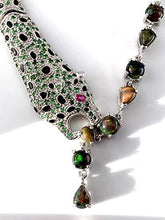 Load image into Gallery viewer, Splendid Tiger Necklace with Genuine Solid Black OPAL (11 Gems), EMERALD (30 Gems), TSAVORITE and RUBY Natural Gemstones, 14k White GOLD, Superb Fine 'Cartier' Style Jewelry.
