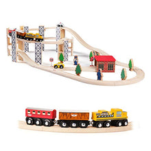 Load image into Gallery viewer, SainSmart Jr. Wooden Train Set Toy with Rail High Level Part, 50 PCS Flyover Overpass Wooden Train Playset with 5 Magnetic Train Cars for Toddlers
