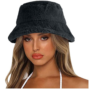 BCDlily Winter Bucket Hat for Women Men, Fluffy Fuzzy Warm Cloche Hats Furry Fisherman Cap (Black)