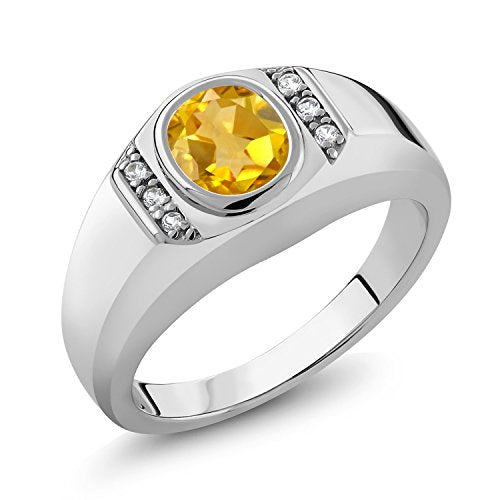 Gem Stone King Men's 925 Sterling Silver Oval Yellow Citrine and White Created Sapphire Ring (1.16 Cttw) (Size 10)