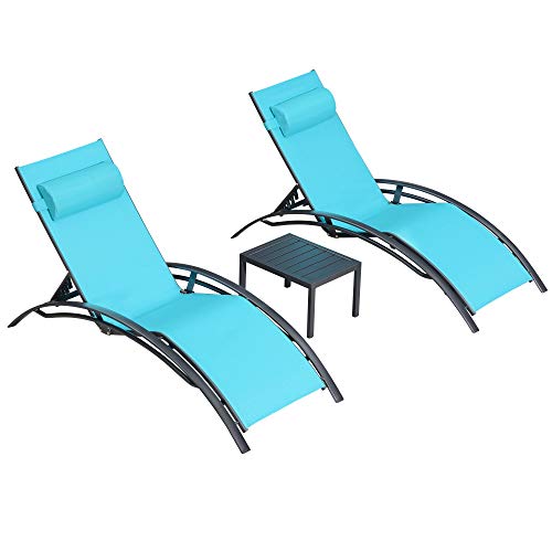 PURPLE LEAF Patio Chaise Lounge Sets 3 Pieces Outdoor Lounge Chair Sunbathing Chair with Headrest and Table for All Weather, Turquoise Blue