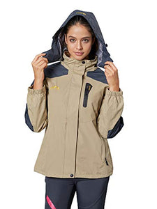 Spmor Women's Waterproof Jacket Rain Coat Windproof Breathable Hooded Windbreaker Jacket Khaki X-Large