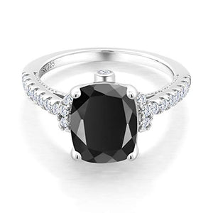 Gem Stone King 925 Sterling Silver Black Onyx and White Created Sapphire Women's Ring (3.14 Ct Cushion Cut) (Size 7)