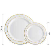 Load image into Gallery viewer, 100 Piece Plastic Party Plates White Gold Rim, 50 Premium Heavy Duty 10.25 Inch Dinner Plates and 50 Disposable 7.5 Inch Dessert Appetizer Elegant Fancy Heavy Duty Wedding Plates
