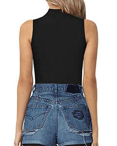 MANGOPOP Women's Mock Turtle Neck Sleeveless Tank Tops Bodysuit (A Sleeveless Black, Medium)