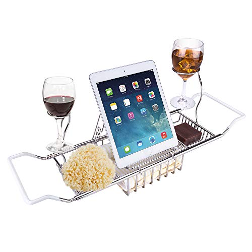 iPEGTOP Stainless Steel Bathtub Caddy Tray - Over Bath Tub Racks Shower Organizer with Extending Sides, Removable Wine Glass Book Holder