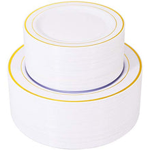 Load image into Gallery viewer, 120 Pieces Gold Plastic Plates, White Disposable Plates with Gold Rim, includes: 60 Dinner Plates 10.25”, 60 Dessert Plates 7.5”
