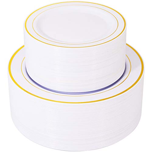 120 Pieces Gold Plastic Plates, White Disposable Plates with Gold Rim, includes: 60 Dinner Plates 10.25”, 60 Dessert Plates 7.5”