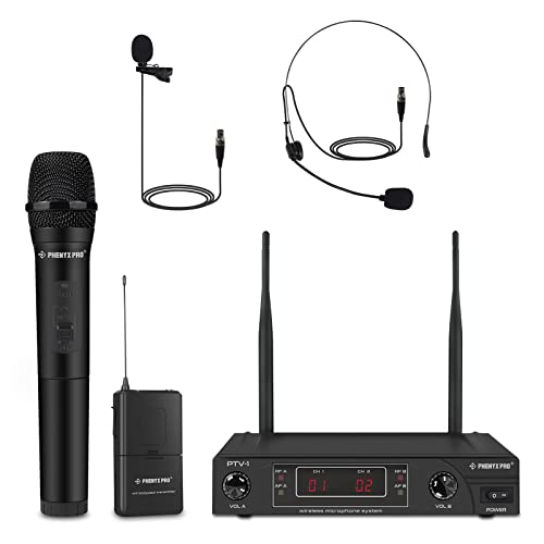 Wireless Microphone System, Phenyx Pro VHF Cordless Mic Set with 1 Handheld+1 Headset+1 Lapel+1 Bodypack, Stable Signal, Long Range, Best for Presentation, Interview, Church, Wedding,Events (PTV-1B)
