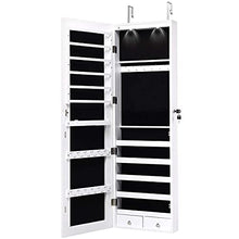 Load image into Gallery viewer, Giantex Wall Door Jewelry Armoire Cabinet with Full-Length Mirror, 2 LEDs Lockable Large Storage Jewelry Organizer with Wide Mirror, Makeup Pouch, Bracelet Rod, Jewelry Amoires w/ 2 Drawers (White)
