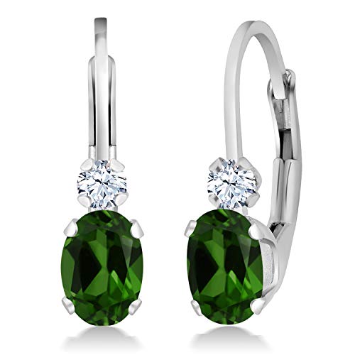 Gem Stone King 0.98 Ct Green Chrome Diopside White Created Sapphire 925 Silver 3/4 Inch Earrings