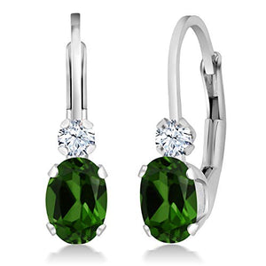 Gem Stone King 0.98 Ct Green Chrome Diopside White Created Sapphire 925 Silver 3/4 Inch Earrings
