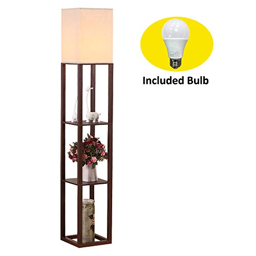 HomeFocus Shelf Floor Lamp with LED Bulb,Display Shelves Floor Lamp,Living Room Floor Lamp,Bedroom Floor Lamp,Natural Linen Shade,Walnut Brown