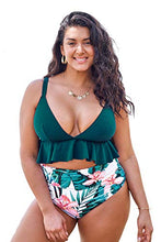 Load image into Gallery viewer, CUPSHE Women's High Waisted Green and Floral Ruffled Plus Size Bikini, Size 0X
