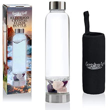 Load image into Gallery viewer, Crystal Water Bottle Elixir Set | Includes Authentic Amethyst &amp; Clear Quartz Crystals And Healing Stones | Black Neoprene Sleeve | Drink Gem Infused Water On The Go
