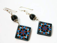 Load image into Gallery viewer, Carpenters Star Quilt Block Earrings, Sterling Silver, Black Obsidian Quilters Jewelry, Limited Edition Polymer Clay HST
