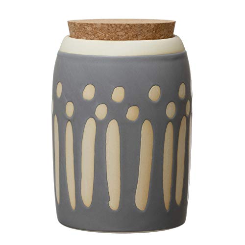 Creative Co-Op Debossed Stoneware Pattern & Cork Lid, Grey Canister