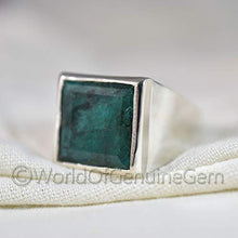 Load image into Gallery viewer, Green Emerald Silver Ring, 925K Sterling Silver, Faceted Rectangle, Natural Emerald Corundum, Handmade, High Polished Jewelry, Men&#39;s Emerald Ring, Unique Gift For Him, Birthday Gift, Anniversary Ring
