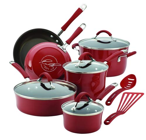 Rachael Ray 16339 Cucina Hard Enamel Nonstick 12-Piece Cookware Set44; Cranberry Red
