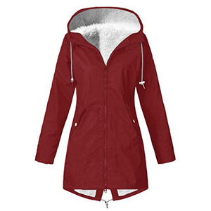 Women's Waterproof Raincoat Coats, Hooded Long Sleeve Rain Jacket Windproof Warm Solid Color Zipped Trench Coats