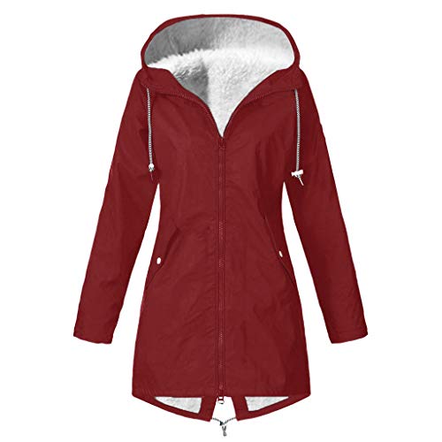 Women's Waterproof Raincoat Coats, Hooded Long Sleeve Rain Jacket Windproof Warm Solid Color Zipped Trench Coats