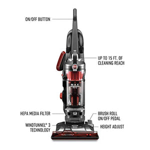 Hoover UH72625 WindTunnel 3 Max Performance Upright Vacuum Cleaner, HEPA Media Filtration and Powerful Suction for Pet Hair, Red