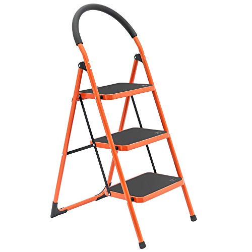 LUISLADDERS 3 Step Ladder Step Stool Fold Sturdy Steel Ladder 330lbs EN131 Portable Anti-Slip and Wide Pedal Ladder Multi-Use for Home, Garden and Office (3 Step)