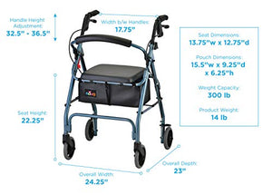 NOVA Medical Products GetGo Classic Rollator Walker (Standard Size), Rolling Walker for Height 5’4” - 6’1”, Seat Height is 22.25”, Color Blue