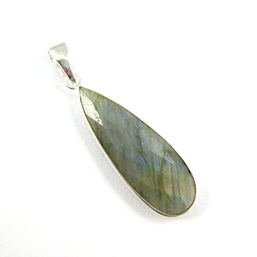 Bezel Gem Pendant with Bail - Labradorite - Sterling Silver Elongated Teardrop Faceted Gemstone Pendant-40mm