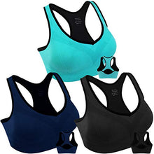 Load image into Gallery viewer, 3 Pack Women Racerback Sports Bras High Impact Workout Yoga Gym Fitness Bra (Black+Blue+Navy, XX-Large)
