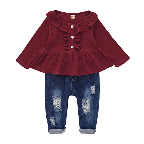 Baby Girl Outfits 6-9 Months Infant Baby Clothes Red Ruffle Sleeve Shirt Toddler Ripped Jeans Denim Pants Set 6-12 Months Girl Clothes