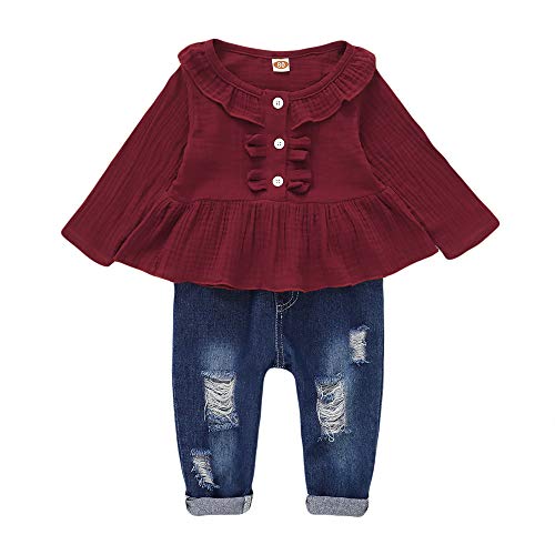 Baby Girl Outfits 6-9 Months Infant Baby Clothes Red Ruffle Sleeve Shirt Toddler Ripped Jeans Denim Pants Set 6-12 Months Girl Clothes