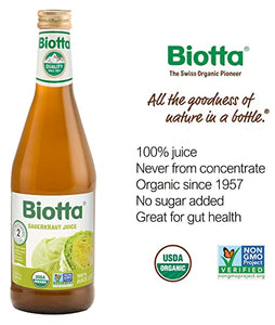 Biotta Organic Sauerkraut Juice - 100% Fermented White Cabbage Juice - Superfood For Optimal Gut Health & Digestion - Excellent Source of Vitamin C & Good Source of Potassium (16.9 Fl Oz, Pk of 6)