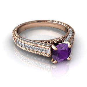 14kt Rose Gold Amethyst and Diamond 6mm Round Antiqu Style Ring - Size 9