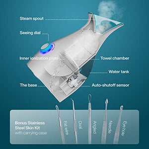 NanoSteamer Large 3-in-1 Nano Ionic Facial Steamer with Precise Temp Control - 30 Min Steam Time - Humidifier - Unclogs Pores - Blackheads - Spa Quality - Bonus 5 Piece Stainless Steel Skin Kit