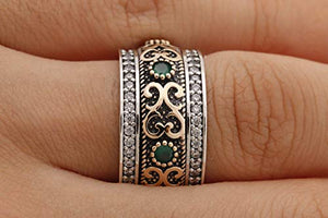Handmade Turkish Authentic Jewelry Round Shape Cut Emerald Topaz 925 Sterling Silver Band Ring for Gift for Ladies Size ALL